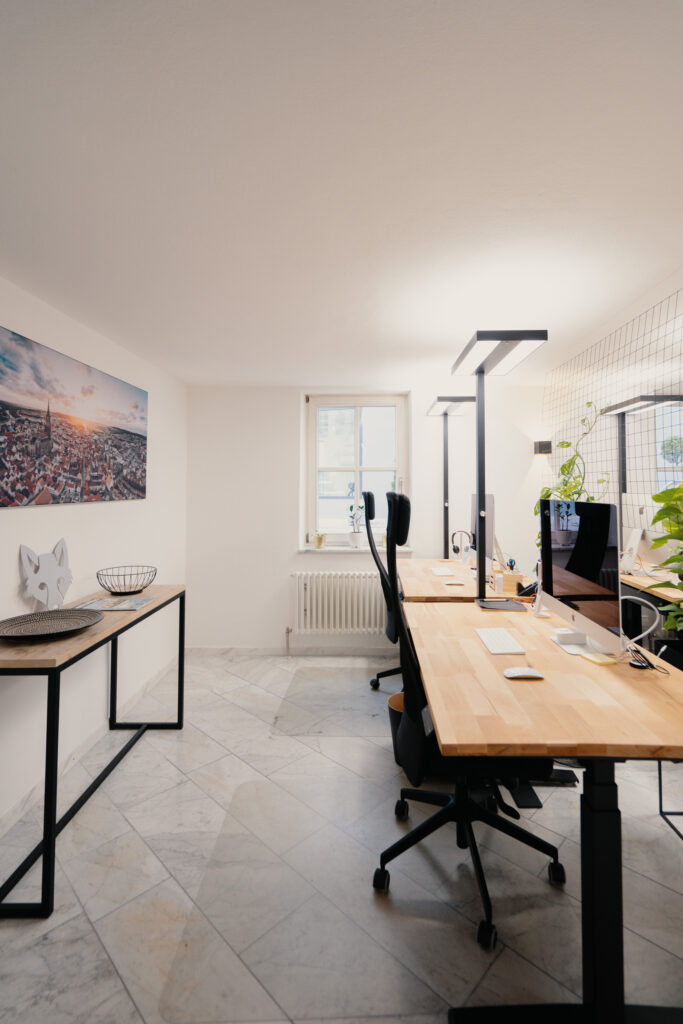 Helles Büro mit zwei höhenverstellbaren Schreibtischen, ergonomischen Stühlen, Monitoren und Pflanzen neben einem Fenster.