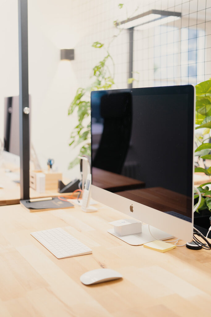 Moderner Arbeitsplatz mit Apple iMac, Tastatur, Maus und Pflanzen auf hellem Holztisch in hellem Raum.